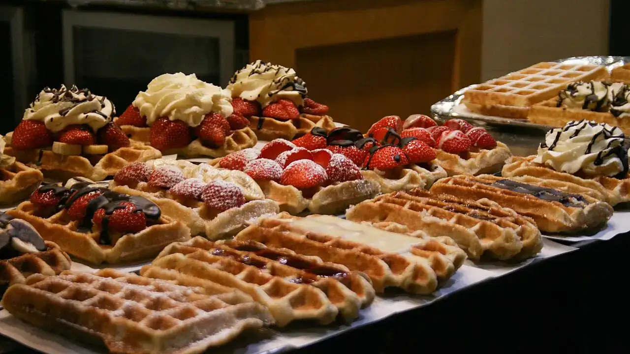 Waffles with fruit on display